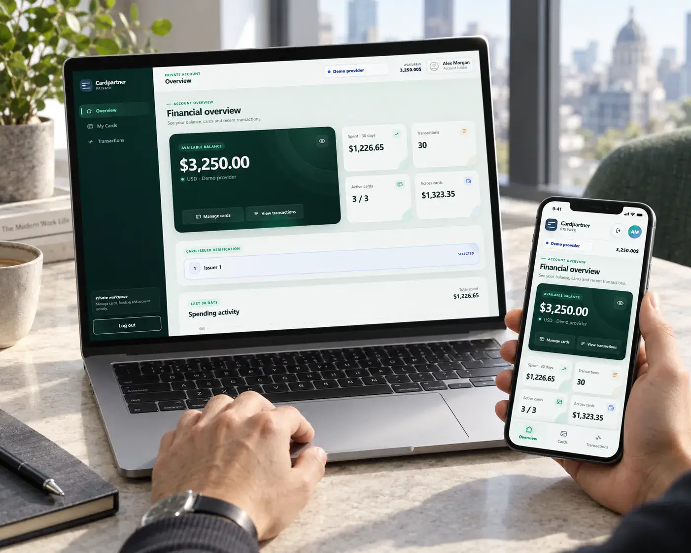 Cardpartner financial overview on a laptop and a phone