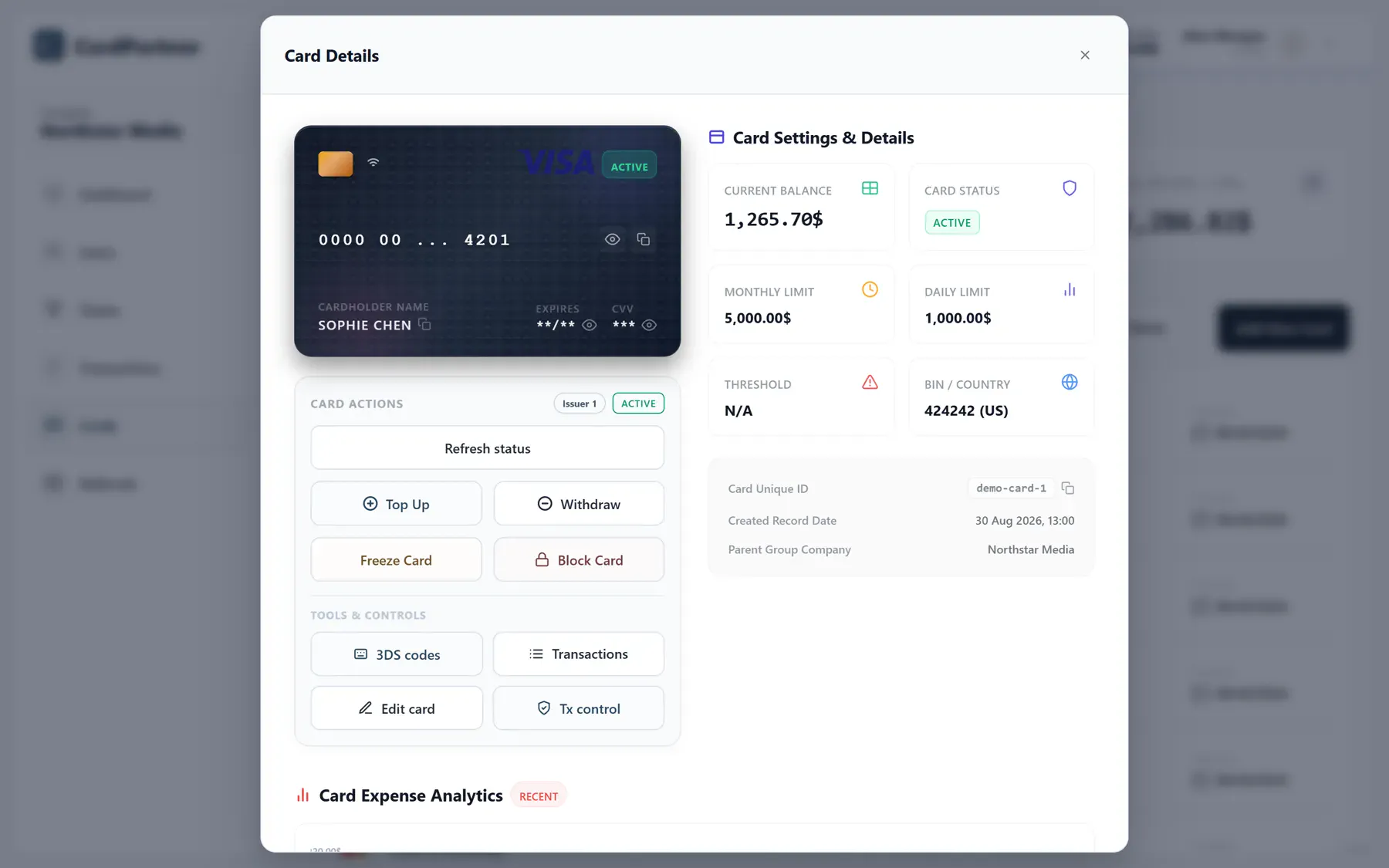 Card details with balance, limits and actions to top up, withdraw and freeze