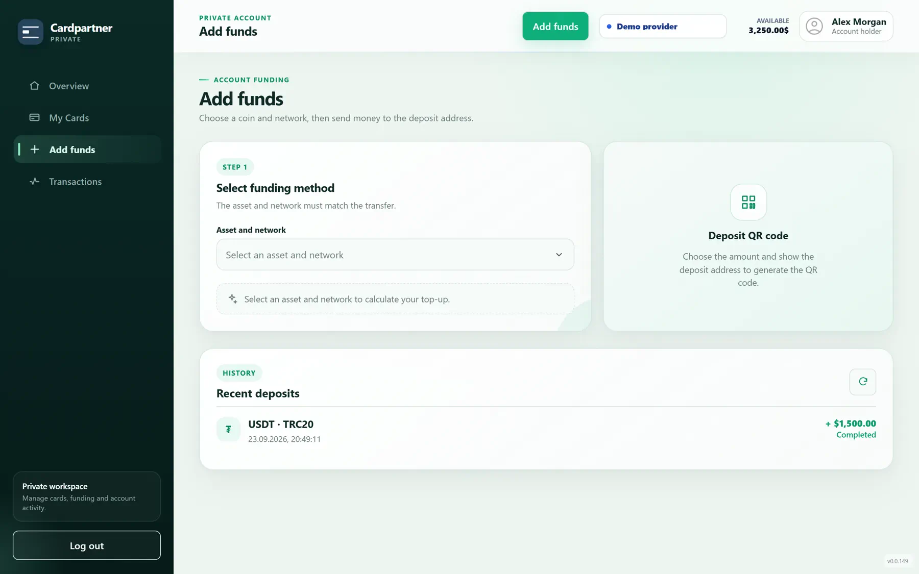 Add funds screen with funding method, network selection and recent USDT deposit