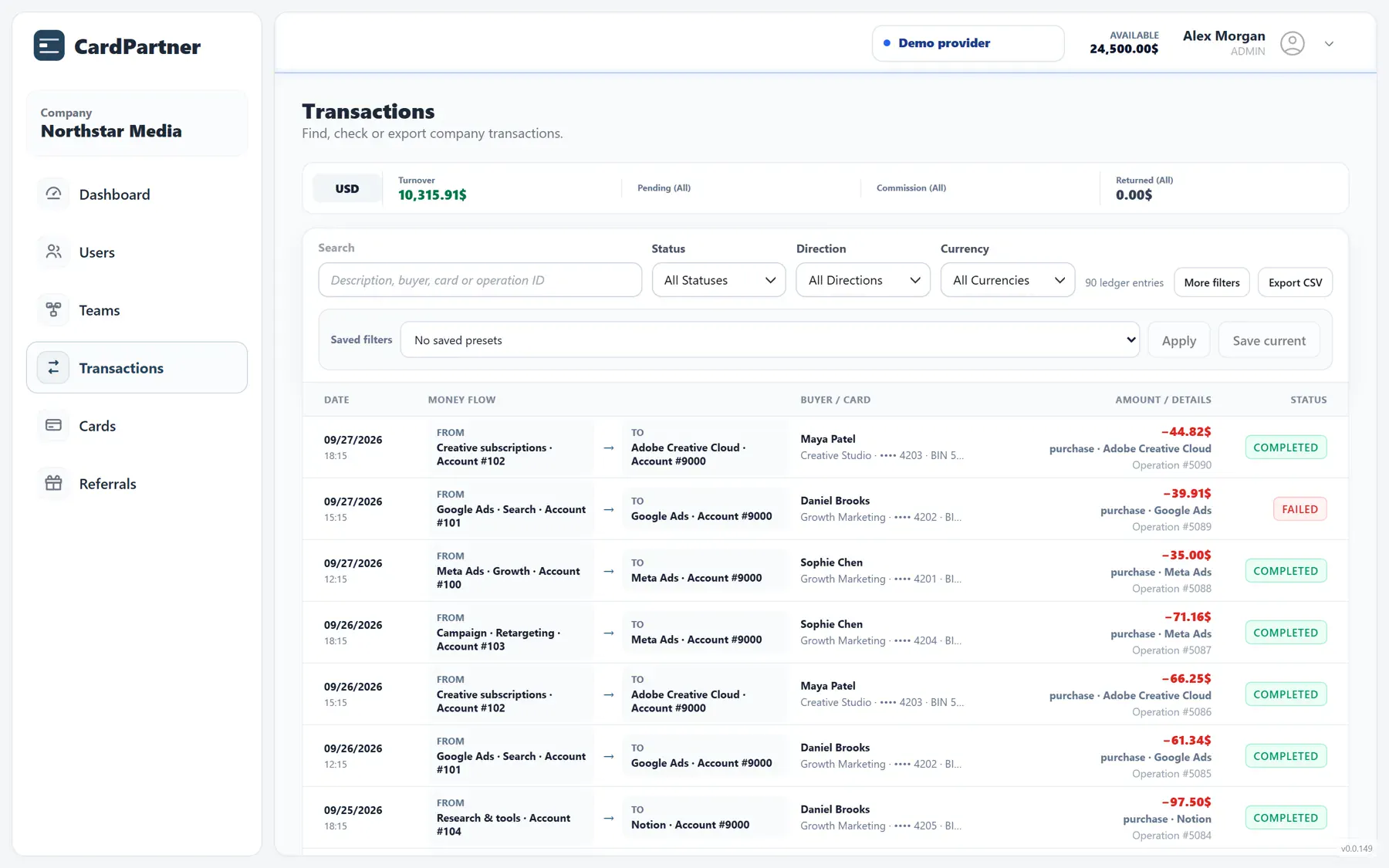 Transactions list with filters, merchants, amounts and payment statuses